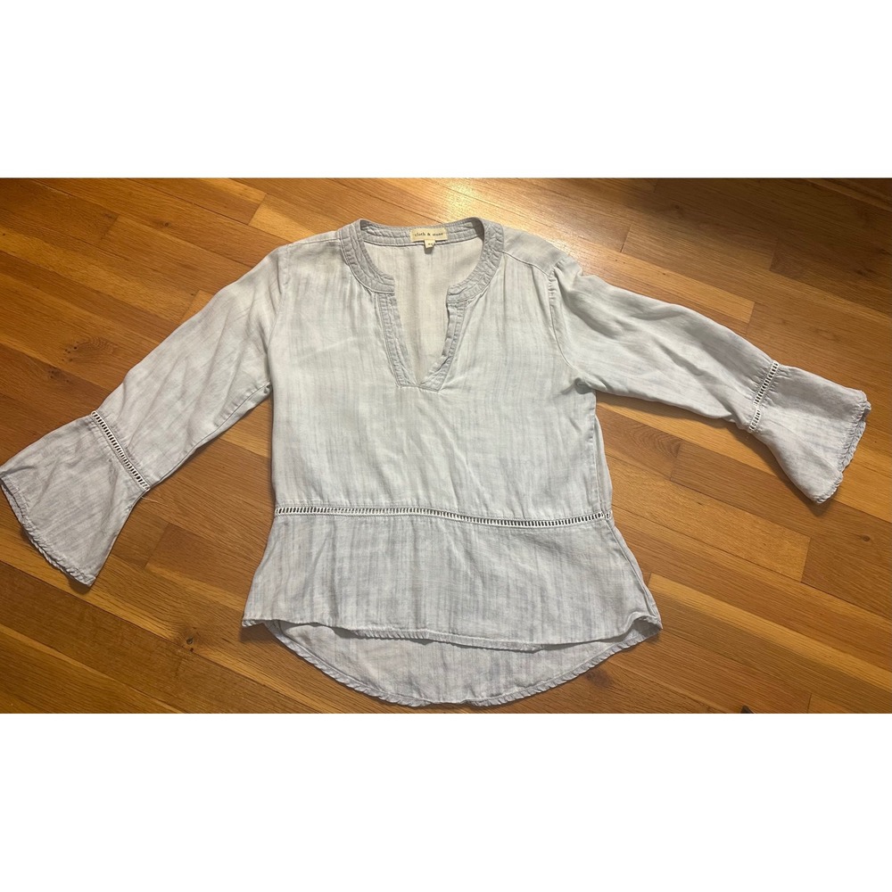 Cloth & Stone Blue Tencel Lyocell Bell Sleeve Lace Inset Blouse XS C2250-945-144